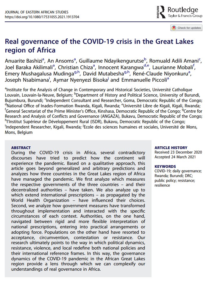 Now online, soon to be free to access (thank you, <a href="/TandF_Africa/">T&F Africa</a>): 
Real governance of the #COVID19 crisis in the Great Lakes region of Africa
by Anuarite Bashizi, <a href="/AnAnsoms/">An Ansoms @anansoms.bsky.social</a>, <a href="/GuillaumeNda/">Dr. Guillaume NDAYIKENGURUTSE, Ph.D</a> et al 
doi.org/10.1080/175310…
#Rwanda #Burundi #DRCongo