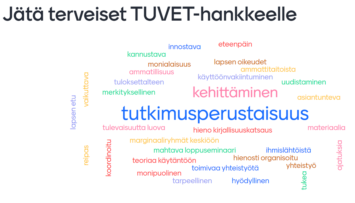 TUVEThanke's tweet photo. TUVET-hankkeelle jätettiin loppuseminaarin päätteeksi terveisiä, joista rakentui hankkeen viimeinen sanapilvi. Lämmin kiitos kaikille osallistujille. Hankkeen toimintakausi loppuu kesäkuussa 2021, jota ennen julkaisemme vielä mm. hankkeen kirjallisen loppuraportin. #tttv21 https://t.co/KgXpYFoPy3