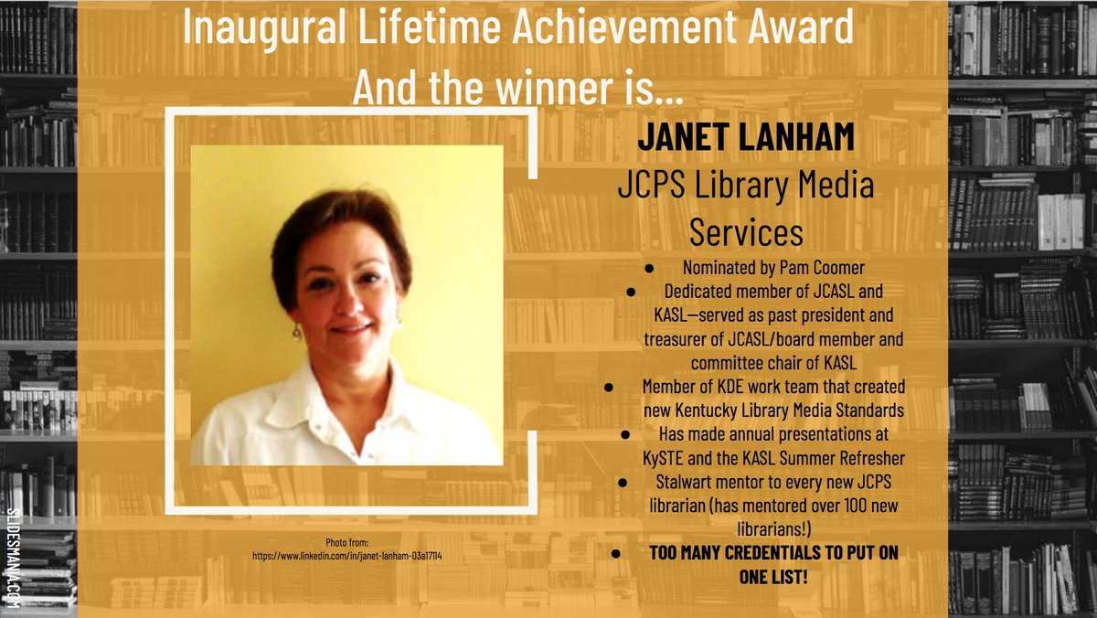 Congratulations to the recipient of JCASL's inaugural Lifetime Achievement Award, Janet Lanham.  @lmsjanlan Here are just a few of the wonderful things shared by her colleagues about this incredible woman...Beginning of Twitter thread. 1/20