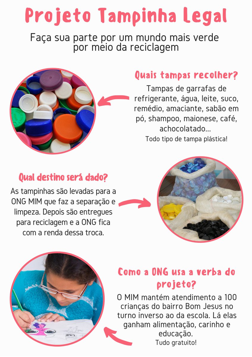 Aqui mais informações sobre o projeto. Faça sua parte! #tampinhalegal #reciclagem #VemproMIM #solidariedade #voluntariado #portoalegre #ecologia