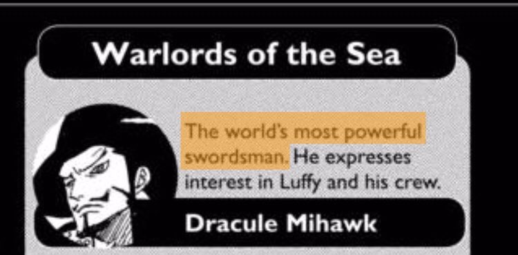 Mihawk lui aussi est un épéiste et est l’épéiste LE PLUS FORT et LE PLUS PUISSANT du MONDE, donc cela veut dire que parmi tout ceux qui utilisent/manient une épée, il est supérieur à eux.