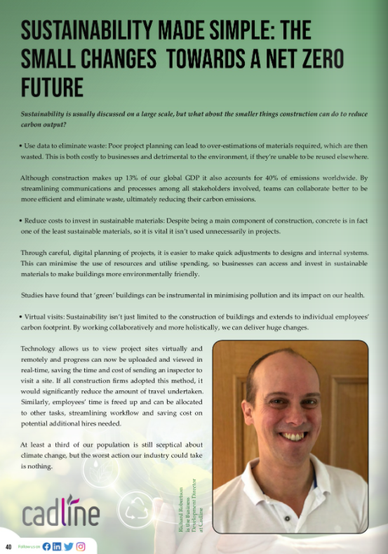 Although #construction makes up 13% of our global GDP it also accounts for 40% of carbon emissions worldwide. #Cadline's Richard Robertson discusses how technology allows for a more #sustainable future in Design &amp; Build UK 

ow.ly/HVlf50EtTzi