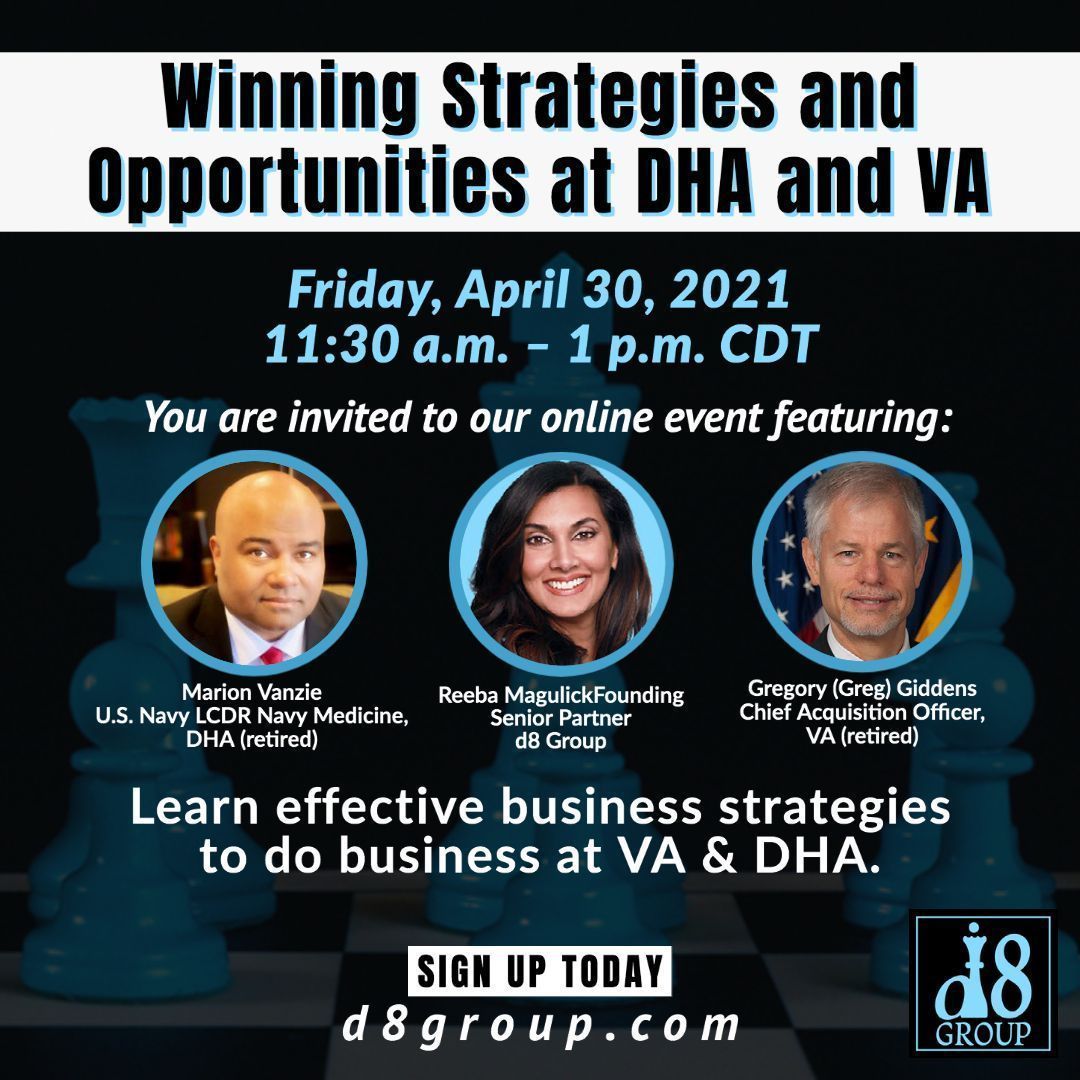 group_d8's tweet image. Join us to learn effective business strategies to do business at #VA &amp;amp; #DHA. Plus learn the HOTTEST VA and DHA opportunities! #govcon #governmentcontracting #governmentjobs 
Sign up today: buff.ly/3twZegs