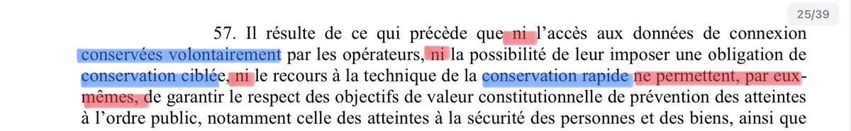 Le CdE dit qu’aucune des solutions proposées par CJUE (accusée par Etats d’être déconnectée de la réalité opérationnelle) n’est adaptée & suffisante (§51s) pour permettre la nécessaire (§50) conservation données pour lutte contre criminalité. MAIS... 6/n