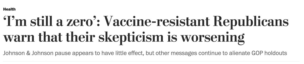 I think of that grim relationship between Trump and sickness as I read the latest stories about how so many Republicans continue to refuse COVID vaccines. 2/x https://www.washingtonpost.com/health/2021/04/20/vaccine-hesitant-republicans/