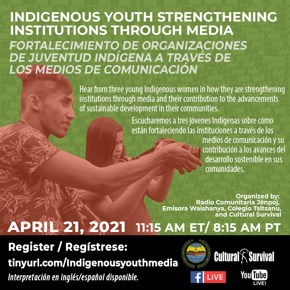 Join us Today, 4/21! #UNPFII20 Indigenous Youth Strengthening Institutions through Media 
tinyurl.com/Indigenousyout…
#Indigenousyouth #UNPFII #WeareIndigenous #Proud2BIndigenous #UNPFII2021