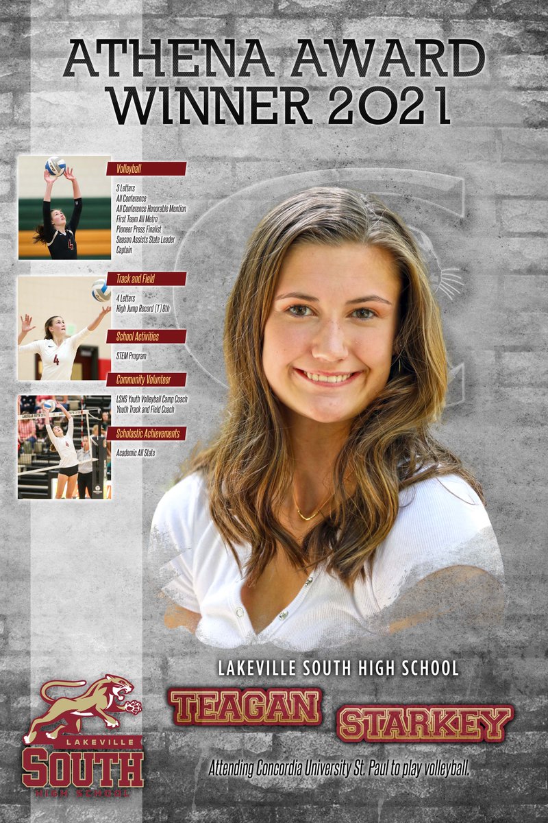 Congrats to Teagan Starkey, she is Lakeville South's 20-21 Athena Award winner! She will be honored at the annual A.A. banquet today. Teagan excels is Volleyball and Track and Field. She is an outstanding leader in our building! #GoCougars