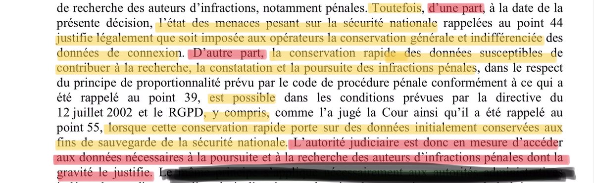 Le CdE trouve une stratégie pour adopter décision acceptable par justice ! Il dit que 1)Les données sont de toute façon conservées légalement pour raisons sécurité nationale; 2)L’Etat peut demander, sur cette base, la ‘conservation rapide’ à des fins lutte contre criminalité;