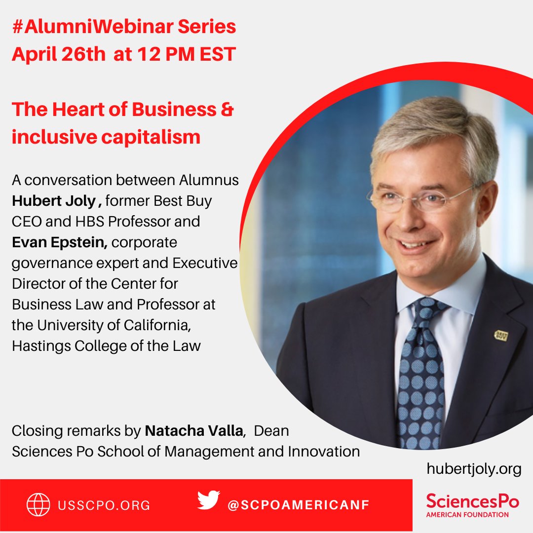 In our upcoming #Alumniwebinar on Monday April 26th, @HubertJoly_ will share the secret of @BestBuy turnaround. With @evanepstein and @natacha_valla. RSVP 👉 us02web.zoom.us/webinar/regist… #heartofbusiness @sciencespo @SMIScPo