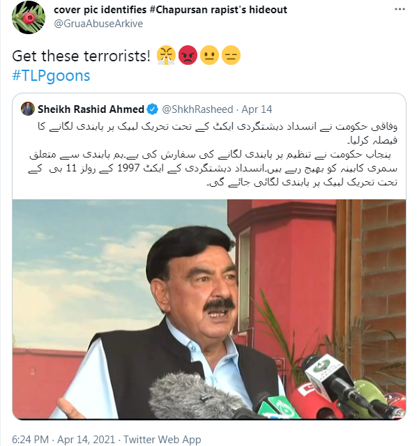 NoToStalkers's tweet photo. While sPakistanis mourn the death of beloved ones, let's remember that Ramla Akhtar, aka Ramla Aalam, @GruaAbuseArkive called terrorists & goons the anti-blasphemy demonstrators. #imrankhantraitorofIslam #LahoreBurning #TLPNationWideProtest #FranceFunded_PTI #iStandWithTheTLP https://t.co/8zTqzs962V