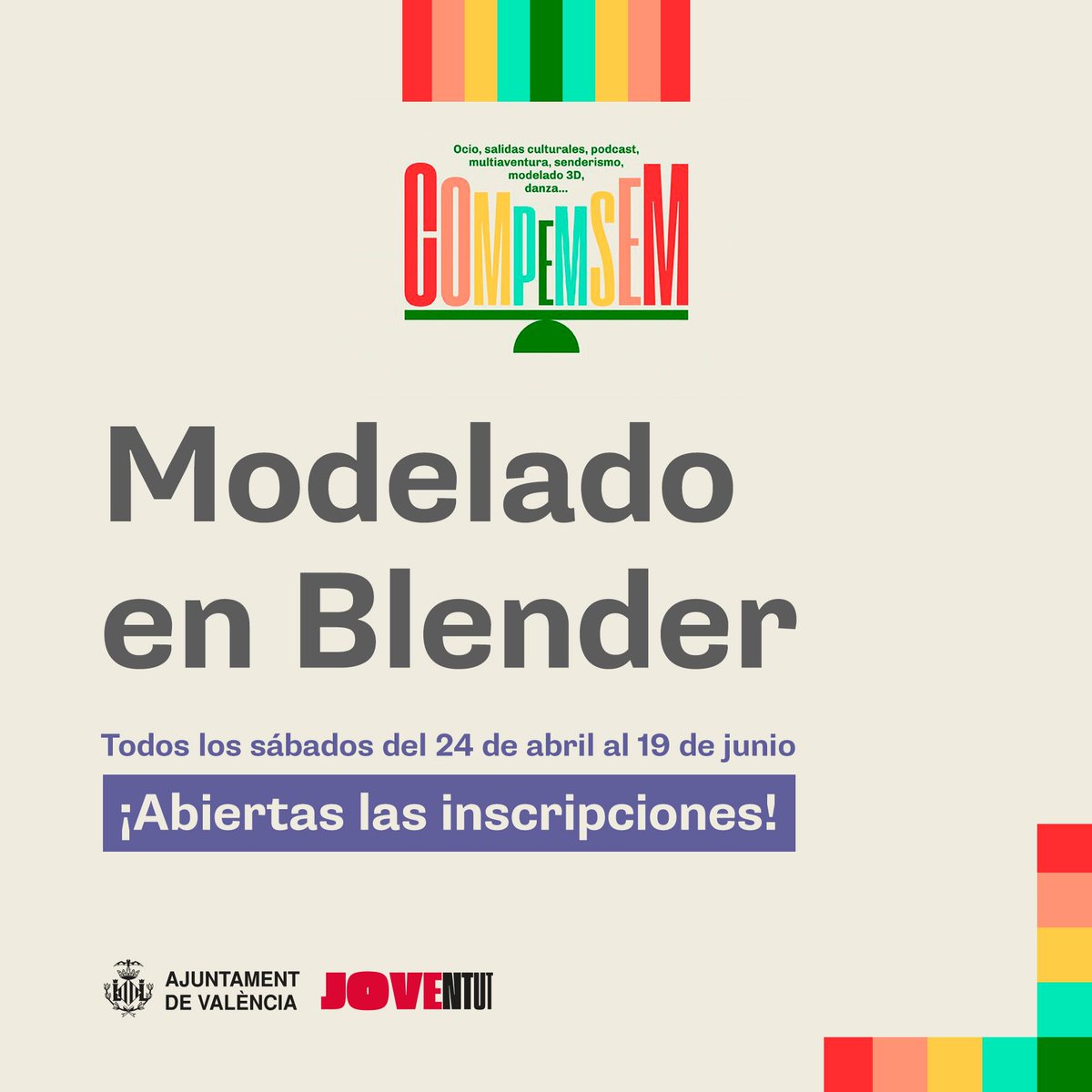 JoventutVLC's tweet photo. Què és Compensem Jove? 
Són activitats dirigides a compensar els efectes negatius del confinament.
Totes les activitats són gratuïtes. Inscriu-te i gaudeix-les!
https://t.co/N8EqYZBQxd
#JoventutVLC #Compensem #AjuntamentValència #València #Tallersgratuïts #TallersJovens https://t.co/arh8vFi0R5