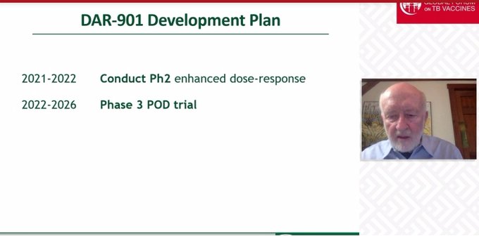 C. Fordham von Reyn ( @GeiselMed) next presented on the DAR-901 prevention of infection trial including upcoming trials:Ph. 2 trial for enhanced dose-response (2021-2022)Ph. 3 POD trial (2022-2026) (3/?)