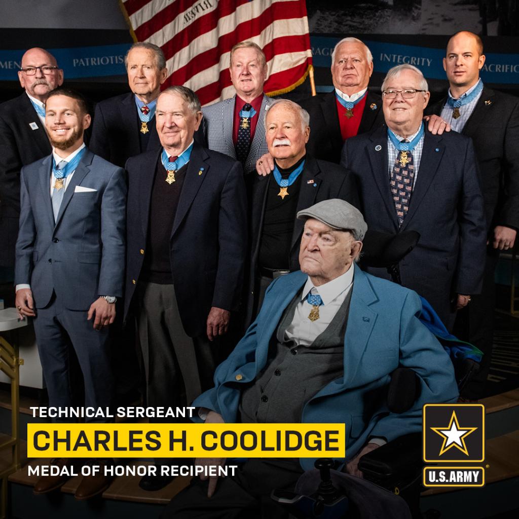 As a result of TSgt. Coolidge's heroic and superior leadership, the mission of his combat group was accomplished throughout four days of continuous fighting against numerically superior enemy troops in rain and cold and amid dense woods.Read his story   http://spr.ly/6015H4ByZ 