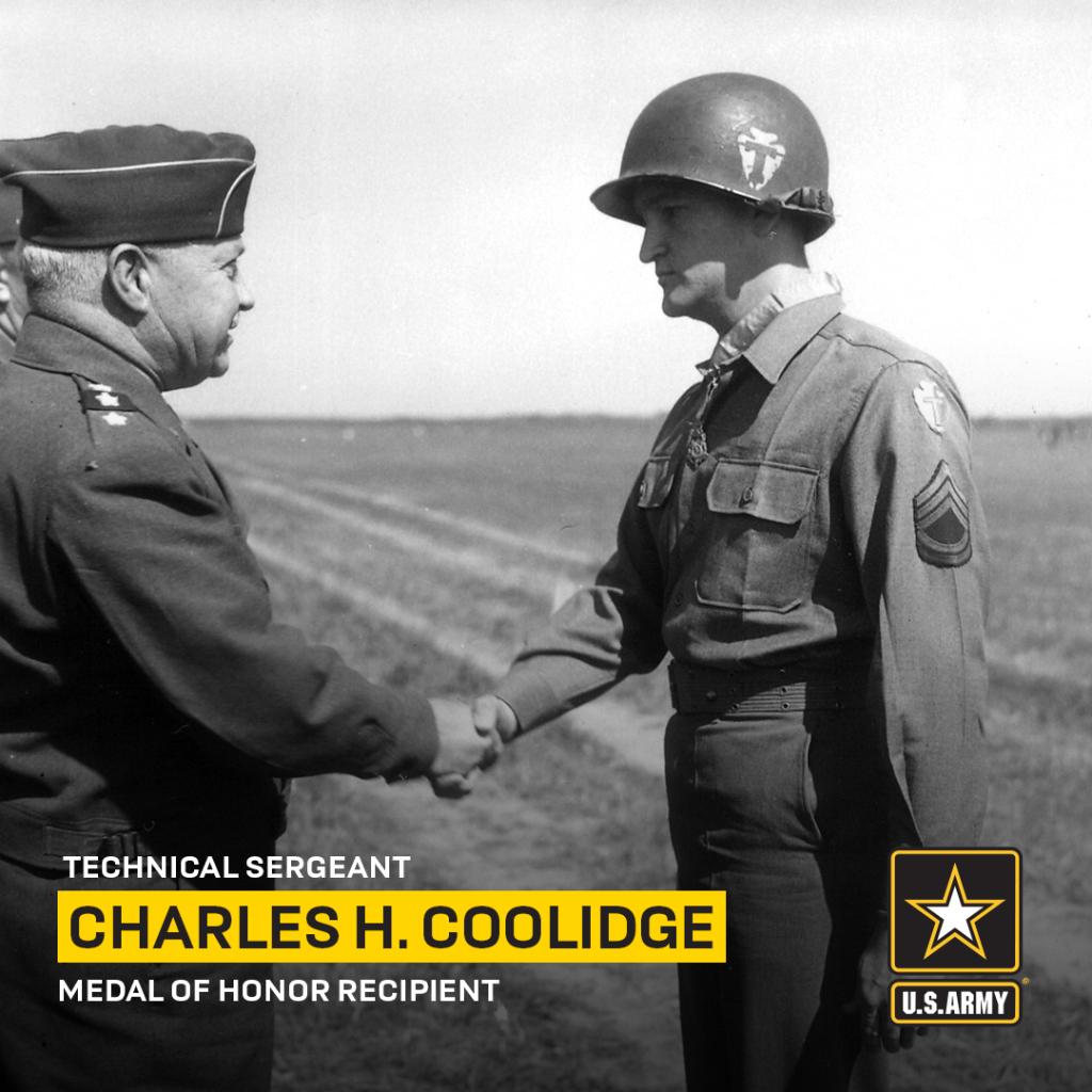 TSgt. Coolidge, unmindful of the enemy fire delivered at close range, walked along the position, calming and encouraging his men and directing their fire. The attack was thrown back. #MoH |  #SoldierStory