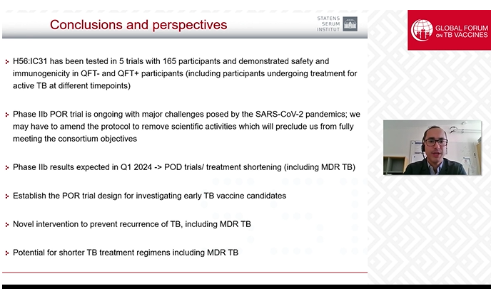 Alvaro Borges ( @ssi_dk) up next on H56:ICI31:5 trials w/156 participantsShowed safety & immunogenicity in TB-infected & -uninfected participants Phase 2b underway w/ major  #COVID19 delays (results expected Q1 2024)Aims for Prevention of Recurrence (POR) trial (6/?)