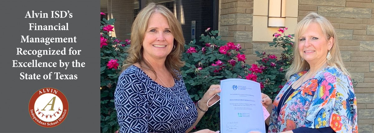 Alvin ISD’s track record of financial management and transparency was affirmed this spring as the district received the Excellence in Financial Reporting Award presented by the Association of School Business Officials (ASBO). Read more bit.ly/3n5DJRw