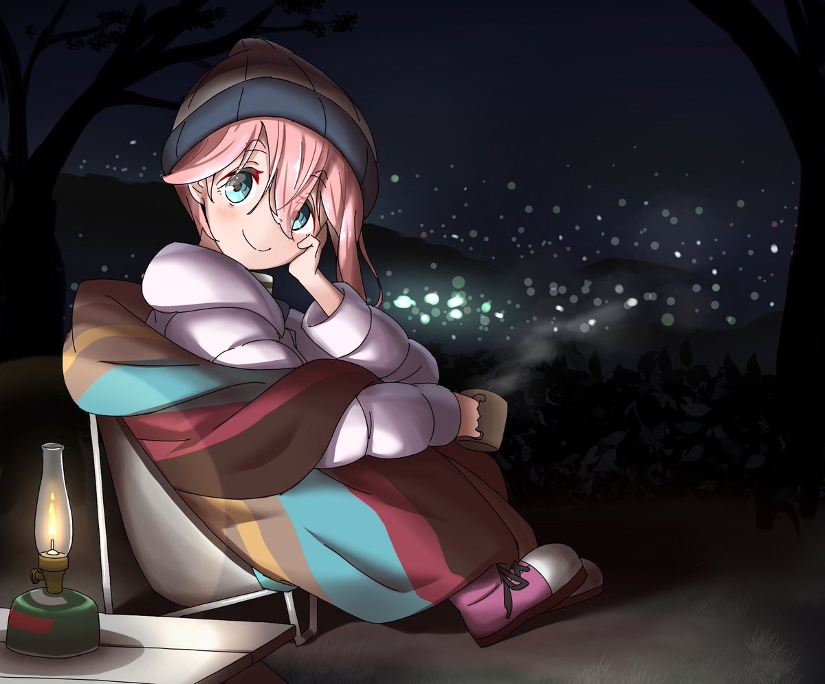 kagamihara nadeshiko 1girl solo pink hair night tent cup smile  illustration images