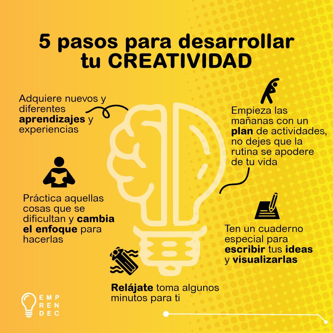 soyemprendec's tweet photo. La #creatividad es una habilidad importante en los #Emprendedores y #AgentesDeCambio 🎯, acá te dejamos unos tips para desarrollar tu creatividad, es más fácil de lo que imaginas 😉. 

👉🏼 ¿Qué otras técnicas nos puedes recomendar? 

#SomosEmprendec #InnovaciónSocial #Ecuador https://t.co/rzJ655dzZ7