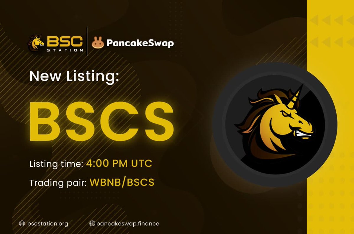 BSCS_Global's tweet photo. 🔥🔥BIG NEWS!🔥🔥
🚀We are super excited to announce $BSCS listing on @PancakeSwap today April 21, 2021
⏰ Listing time: 4:00 PM UTC
🔄 Trading pairs: WBNB/BSCS
🔗 $BSCS Smart contract address: https://t.co/5PwY6K46pj

$BSCS $CAKE $NFT https://t.co/wgugxNfD3y