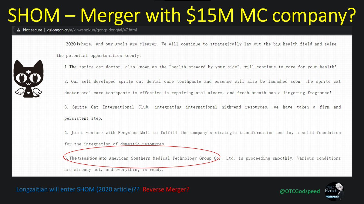 OTCGodspeed's tweet photo. $SHOM DD and speculations - From zero to hero?
- Business plan - Sprite cat doctor - medical app
- Confirmed Merger + RM speculation
- Proofs of activity (including sources)

Dormant since 2016? Zero assets? Think again!
With their big steps I expect news to be dropped very soon. https://t.co/bTaY0ROygB