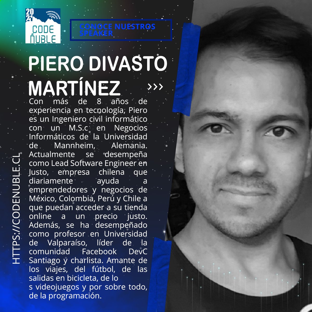 CodeNuble's tweet photo. Conoce nuestro speaker Piero Divasto Martínez. Con más de 8 años de experiencia en tecnología, Piero es un Ingeniero Civil Informático con un M.S.c en Negocios Informáticos de la Universidad de Mannheim, Alemania. Y va a estar en #codenuble2021.  https://t.co/FgZb1lW0On https://t.co/hr1ft1i0hK