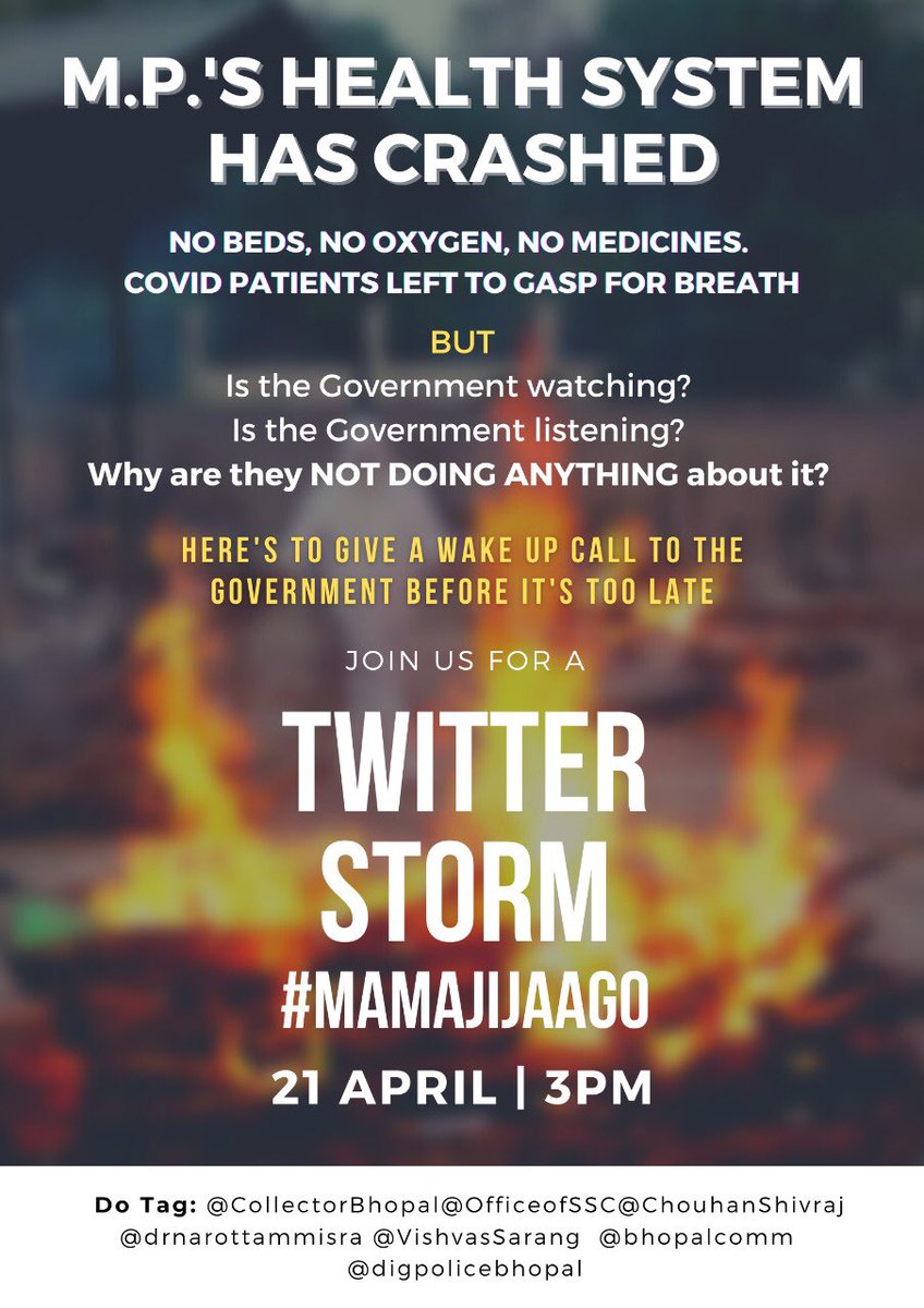 omankhan1's tweet photo. Let's raise our voice.
कोरोना दौर में कोलेप्स हुये हैल्थ सिस्टम से सरकार को जगाने के लिए 
#MAMAJIJAAGO 
@CollectorBhopal
@OfficeofSSC
@ChouhanShivraj
@drnarottammisra
@VishvasSarang 
@bhopalcomm https://t.co/9ZuSpKcZEm
