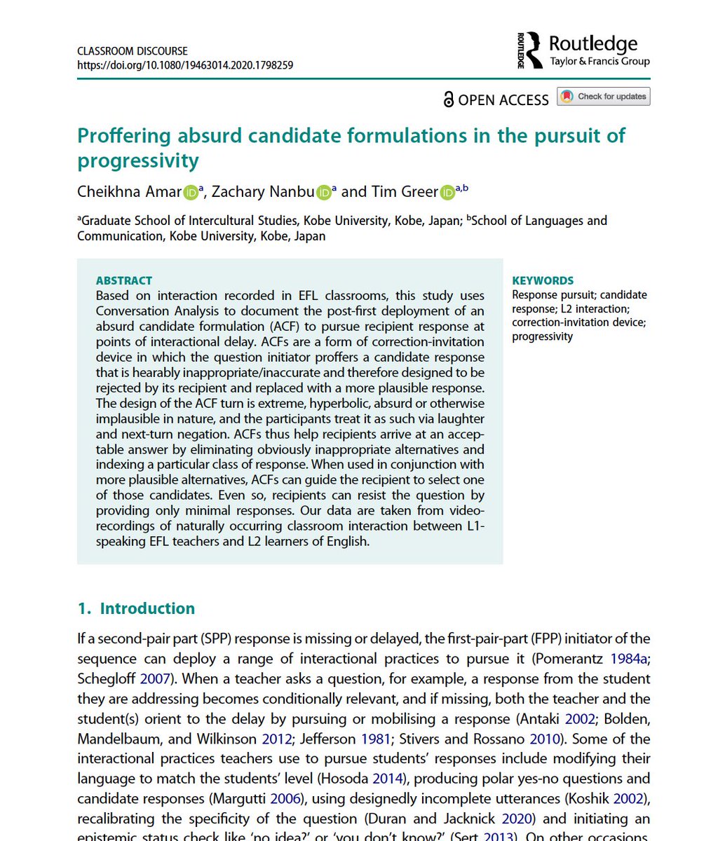 Open access!  Proffering absurd candidate formulations in the pursuit of progressivity (by Amar, Nanbu &amp; Greer <a href="/KobeTimG/">Tim Greer</a>). doi.org/10.1080/194630… #L2 #EFL #classroom #discourse #interaction #openaccess