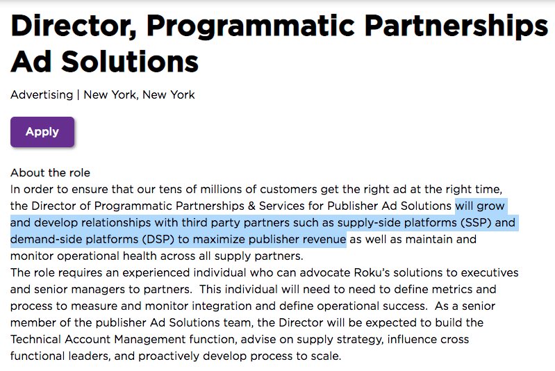  $ROKU is also looking to integrate with more SSPs. Currently they seem to be working with 2 main ones in SpotX and Spotxchange. They are hiring a Director of Programmatic Partnerships to grow/develop relationships with more SSPs and DSPs. (4/5)