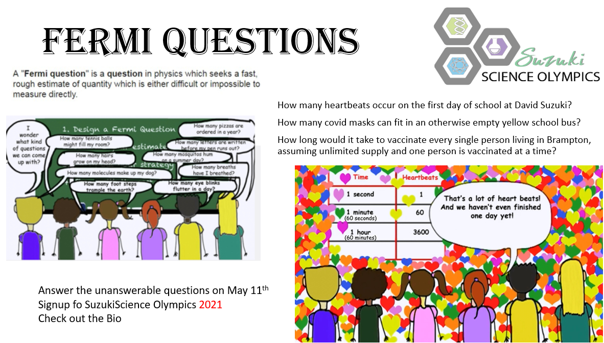 How many times have you hesitated signing up for the <a href="/SuzukiScience/">C. Ellis</a> Olympics? (Stop, Just do it!) This and other unanswerable questions will be a part of the 2021 Fermi event. 
<a href="/DavidSuzukiSS/">David Suzuki Secondary School</a>