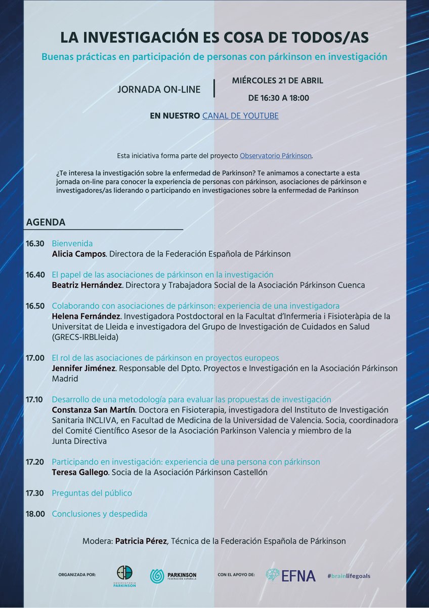 somos_pacientes's tweet photo. 💻La @ParkinsonFEP organiza a las 16:30h ‘La #investigación es cosa de todos/as: jornada de #buenasprácticas en participación de personas con #párkinson en investigación’.
ℹ️ https://t.co/RdsWaH3Dpi
#BrainLifeGoals https://t.co/R8IMIUj3Ua