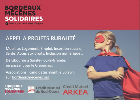Dernière ligne droite pour le dépôt des dossiers concernant l'Appel à Projets Ruralité !
Avant le 30/04, déposez vos dossiers à : contact@bordeauxmecenes.org
Dossier de candidature téléchargeable ici 👉
cutt.ly/WvFNoLD <a href="/WeAreArkea/">WAA|Actus</a> <a href="/cmarkea/">Crédit Mutuel Arkéa</a> <a href="/SolidaritesCMSO/">SolidaritesCmso</a>