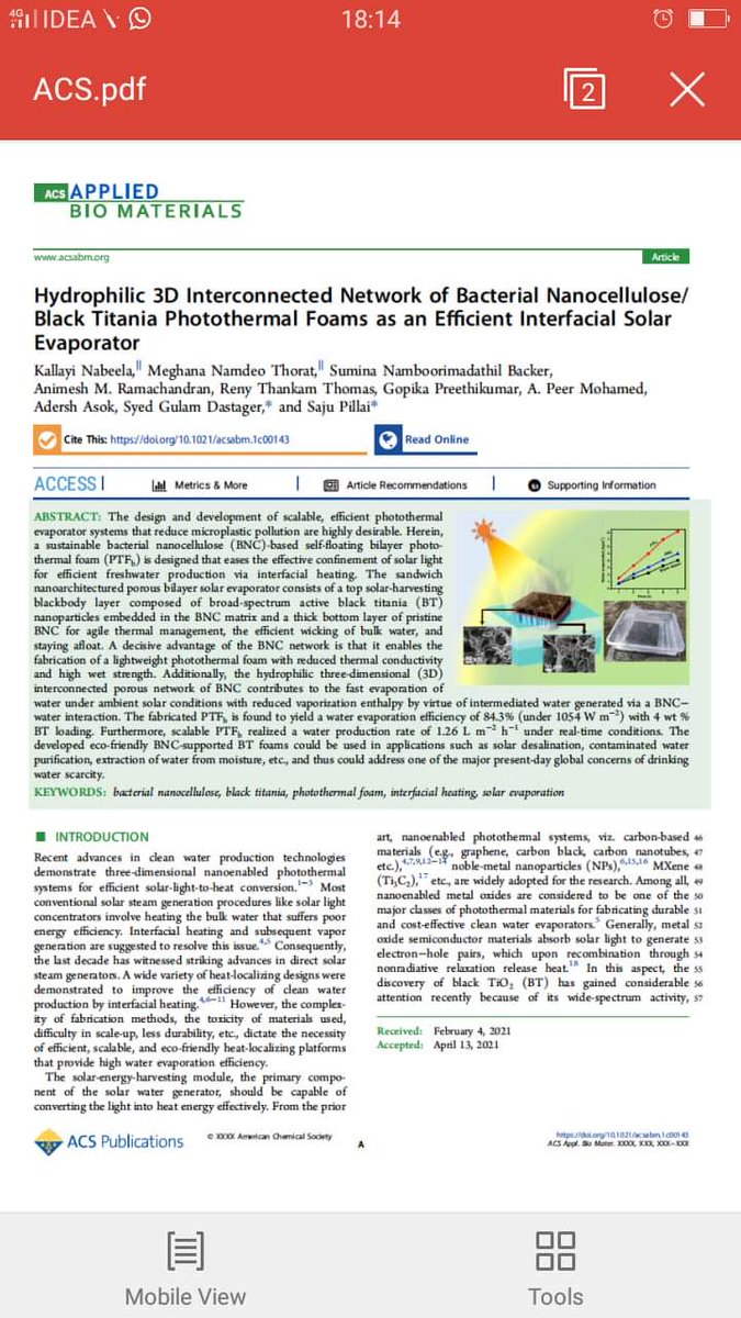 Excellent study by Dr Syed Dastager group published in ACS-APPLIED BIO MATERIALS collaboration with <a href="/csir_niist/">CSIR.NIIST</a>. Bacterial nano cellulose for design and development of scalable, photothermal evaporator systems that reduce micro plastic pollution. <a href="/CSIR_IND/">CSIR, India</a> <a href="/csir_ncl/">CSIR-National Chemical Laboratory</a> <a href="/csir_niist/">CSIR.NIIST</a>