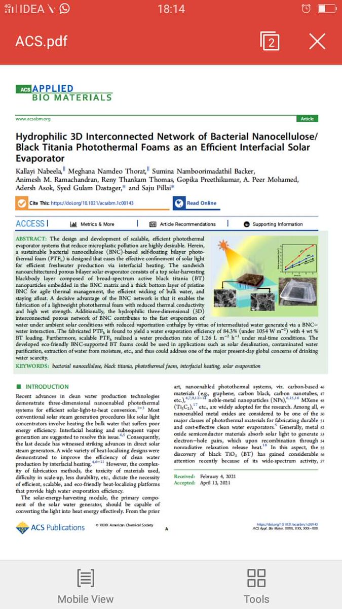 Excellent study by Dr Syed Dastager group published in ACS-APPLIED BIO MATERIALS collaboration with @csir_niist. Bacterial nano cellulose for design and development of scalable, photothermal evaporator systems that reduce micro plastic pollution. @CSIR_IND @csir_ncl @csir_niist