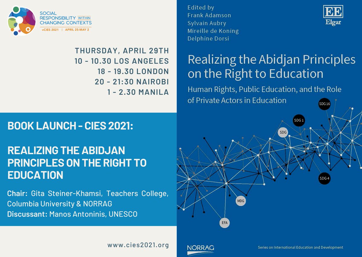 GI-ESCR (@giescr) on Twitter photo 29 April! Realising the #AbidjanPrinciples on #Right to #Education: book launch!
#CIES2021 Annual Conference launches the book co-authored by Sylvain Aubry <a href="/saubryhr/">Sylvain Aubry</a> <a href="/GIESCR/">GI-ESCR | giescr.bsky.social</a>, @mireilledko <a href="/OSFEducation/">OSF Education</a>, <a href="/DelphineDorsi/">Delphine Dorsi</a> <a href="/RTEInitiative/">Right to Education Initiative</a> and <a href="/frankadamson/">Dr. Frank Adamson</a>
👉bit.ly/2RSr0Gp 29 April! Realising the #AbidjanPrinciples on #Right to #Education: book launch!
#CIES2021 Annual Conference launches the book co-authored by Sylvain Aubry <a href="/saubryhr/">Sylvain Aubry</a> <a href="/GIESCR/">GI-ESCR | giescr.bsky.social</a>, @mireilledko <a href="/OSFEducation/">OSF Education</a>, <a href="/DelphineDorsi/">Delphine Dorsi</a> <a href="/RTEInitiative/">Right to Education Initiative</a> and <a href="/frankadamson/">Dr. Frank Adamson</a>
👉bit.ly/2RSr0Gp