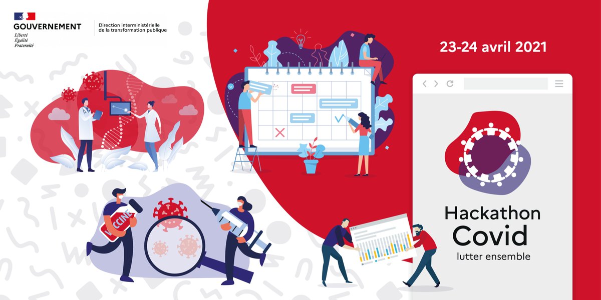 #hackathoncovid : RDV les 23 et 24 avril pour 48 h d’ateliers et de conférences pour mettre le numérique au service de la lutte contre la pandémie ! Un événement soutenu par <a href="/Sante_Gouv/">Ministère de la Santé et de l'Accès aux soins</a>, Ministère de la Transformation et de la Fonction publiques et <a href="/_DITP/">Transformation publique</a> hackathon-covid.fr