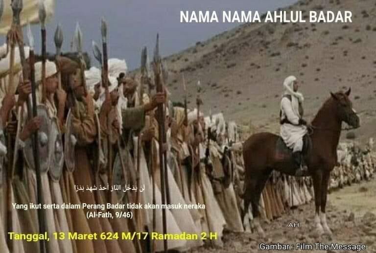 NAMA NAMA AHLUL BADARRasulullah ﷺ hanya membawa 313 pasukan dalam perang badar termasuk Rasulullah ﷺ. Rinciannya, 82 sahabat muhajirin, 61 orang dari suku Aus, dan 170 dari suku Khazraj.