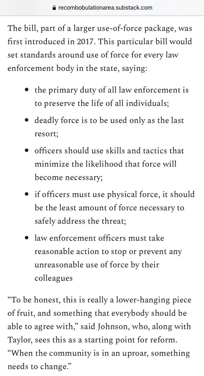 One law enforcement reform bill from  @StateSenLaTonya and  @ChrisTaylorWI first proposed in 2017 (after the police killings of Sylville Smith, Tony Robinson, Dontre Hamilton) gained renewed focus las summer after the murder of George Floyd.  https://recombobulationarea.substack.com/p/black-lives-matter-the-urgency-of