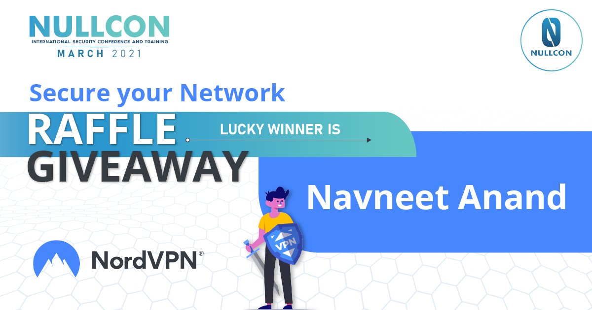 nullcon's tweet image. ⭐For our Batch-2 of Nullcon March Trainings 2021 we ran a 🎁special raffle &apos;Secure your Network&apos; &amp;amp; the one who answered correctly from the questionnaire to win Nord VPN subscription is 

🙌Navneet Anand Congratulations🎉

#NordVPN #Nullcon2021