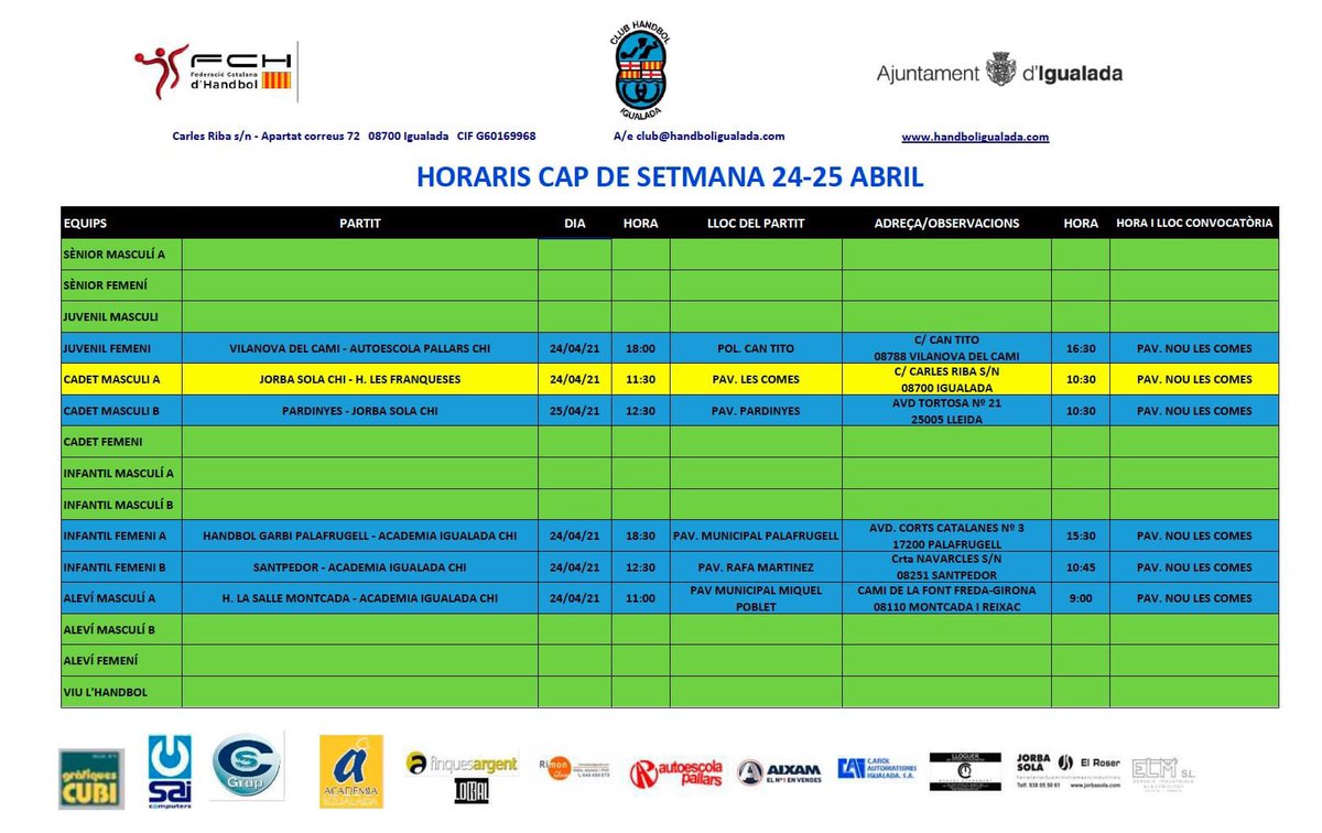 Handbol Igualada (@handboligualada) on Twitter photo 🤾Aquests son els horaris dels partits del proper cap de setmana!
També podeu consultar les cròniques del passat cap de setmana a la nostra web!
Endavant <a href="/handboligualada/">Handbol Igualada</a> 💪!
#ClubHandbolIgualada 🤾Aquests son els horaris dels partits del proper cap de setmana!
També podeu consultar les cròniques del passat cap de setmana a la nostra web!
Endavant <a href="/handboligualada/">Handbol Igualada</a> 💪!
#ClubHandbolIgualada