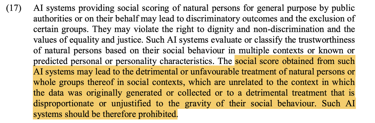 Scoring and classifying people's behaviour (to "sort" people using some order) will be a prohibited use of AI. This goes beyond the China's social score. This should prohibit the use of AI in recruitment/employment systems, no exceptions?  #AIRegulation