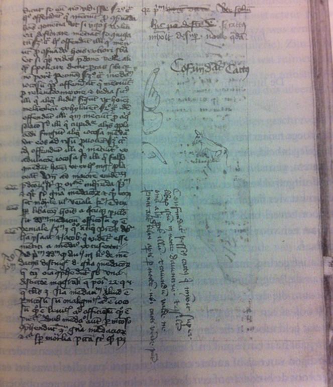 Sur la page de droite de ce manuscrit du XVe siècle, une note du copiste bien vénère : "maudit soit le chat qui a pissé sur ce livre! Ne laissez pas les livres ouverts la nuit là où sont des chats"
Cologne, Historisches Archiv, G.B. quarto, 249, fol. 68r