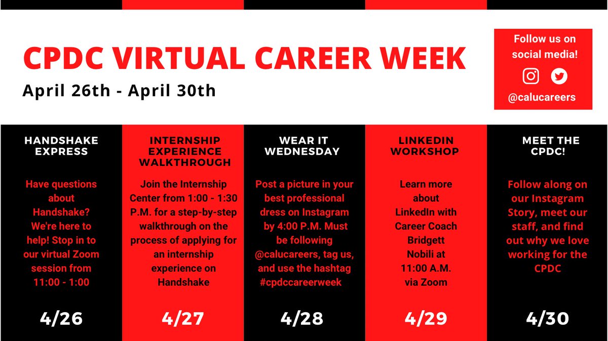 Career tips and prizes? That sounds like a good deal to us! End the semester on a high note by participating in our CPDC Virtual Career Week Event!#cpdccareerweek