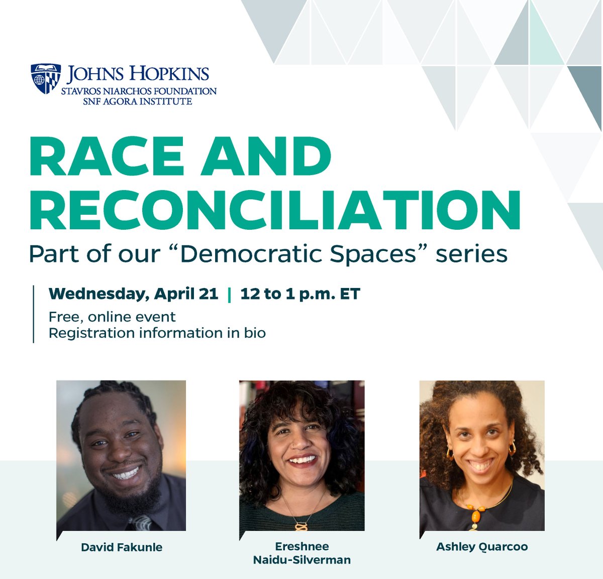 TODAY at 12 p.m. ET: Grab your lunch and join us for “Race and Reconciliation in a Diverse Democracy” with with David Fakunle, <a href="/ereshnee/">Ereshnee</a>, and SNF Agora Visiting Fellow <a href="/AshleyQuarcoo/">Ashley J. Quarcoo</a>.

Don't forget to register: bit.ly/racereconcilia…