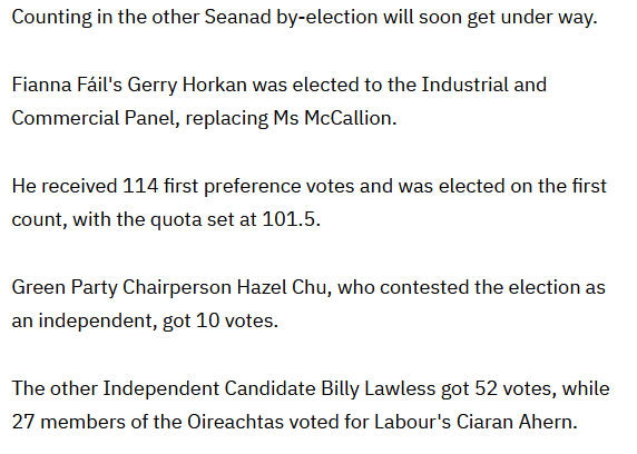 KeithMillsD7's tweet image. A whole 10 (ten!) votes for @hazechu. Oh dear me, all that controversary for such a meagre return. #Seanad21