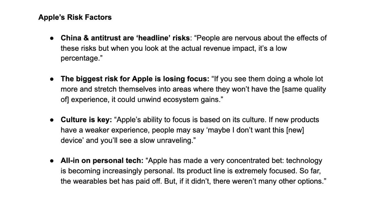 22/ Had a chance to speak with Cybart last year and he says Apple’s *biggest risk* is losing focus (not China or Antitrust):