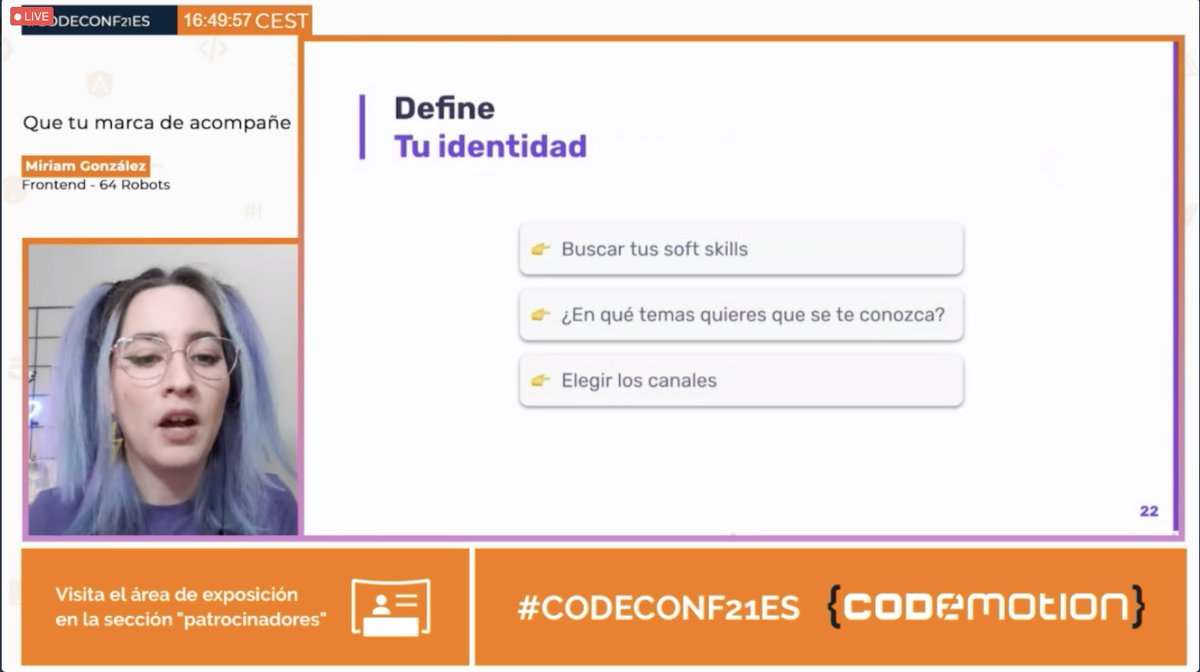 conchaasensio's tweet image. Súper interesante todo lo que está contando y los consejos que está dando @miriamgonp sobre marca personal y cómo trabajarla, en #codeconf21es 🤩