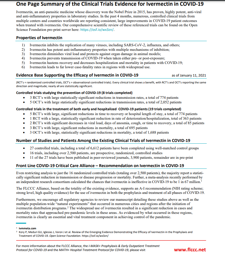 One Page Summary of the Clinical Trials Evidence for Ivermectin in COVID-19available here https://covid19criticalcare.com/wp-content/uploads/2020/12/One-Page-Summary-of-the-Clinical-Trials-Evidence-for-Ivermectin-in-COVID-19.pdf