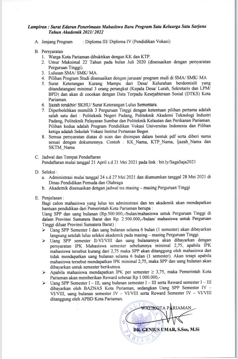 Program Satu Rumah Satu Sarjana Pemko Pariaman