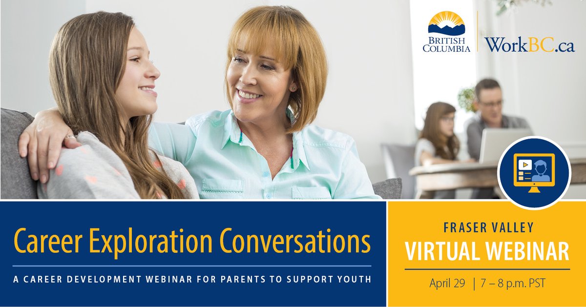 Looking for tools to help your youth discover the career of their dreams and start a career conversation with them? <a href="/WorkBC/">WorkBC.ca</a>.ca can help!
Fraser Valley, join our webinar from 7-8pm on April 29th bit.ly/3e0mqgq