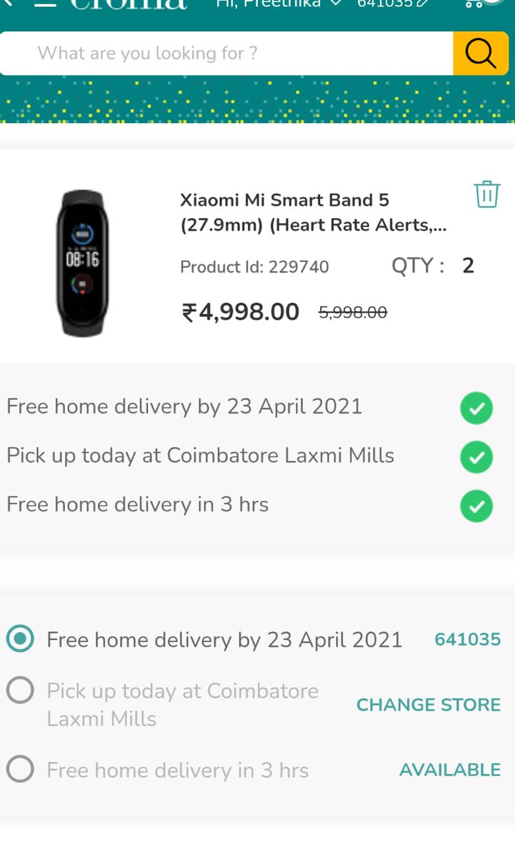 LOnLyAbBy's tweet photo. @CromaSupport Now I went to website again and to my surprise the delivery date for new order is showing 23rd April, which is completely false information. This is how ppl are getting fooled. https://t.co/yhdGnr4J84